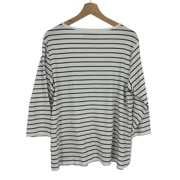 Karen Scott Lattice-Neck Black White Stripe 3/4 Sleeve Top - Picture 2 of 5
